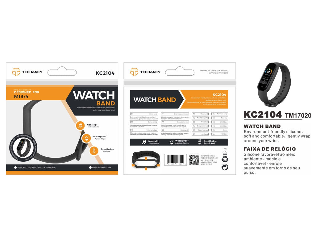 Techancy Pulseira De Silicone Preta KC2104, Compatível Com A Mi3/4 Smart Band, Material De Silicone, Macio E Confortável.