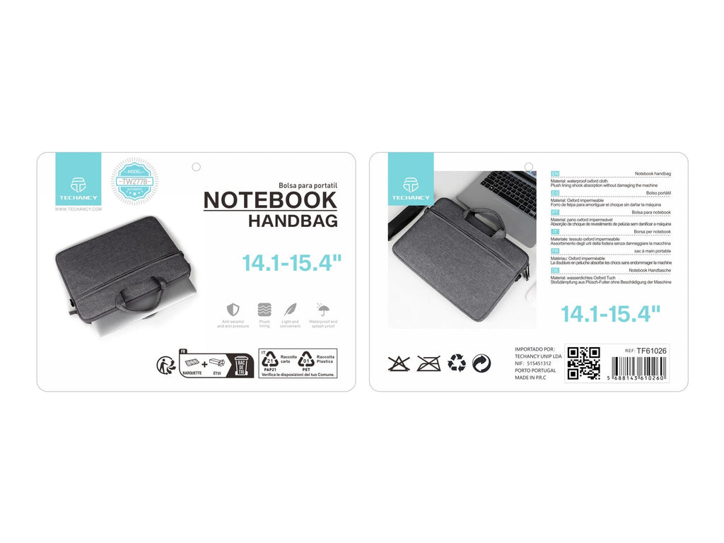 Mala de transporte para computador portátil Techancy TW2778, Preto, 14,1/15,4 polegadas, alça ajustável para o ombro