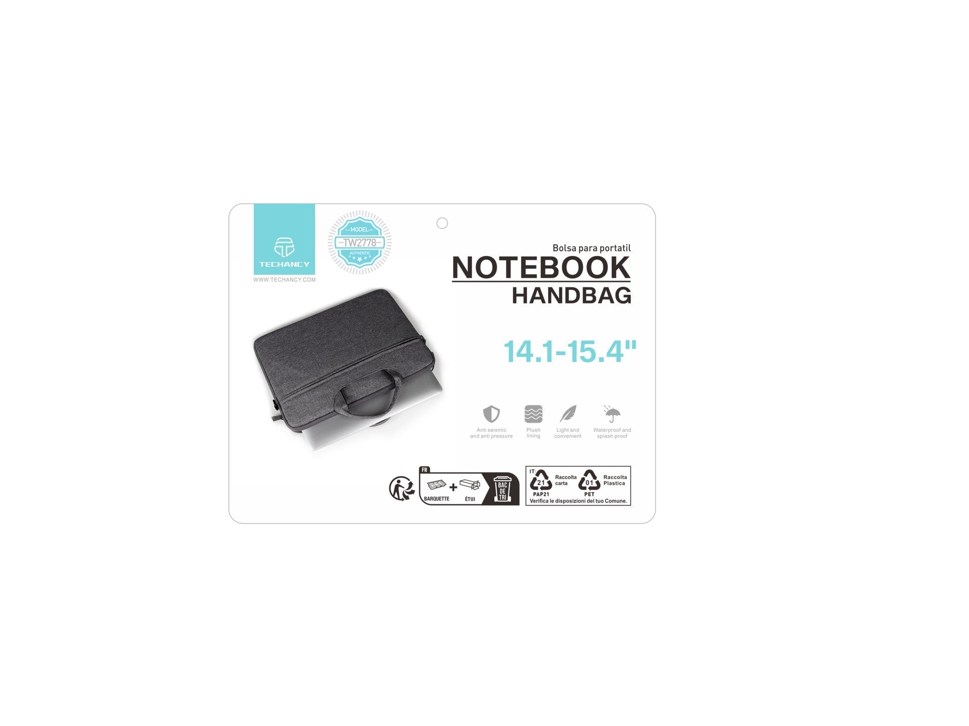 Mala de transporte para computador portátil Techancy TW2778, Preto, 14,1/15,4 polegadas, alça ajustável para o ombro