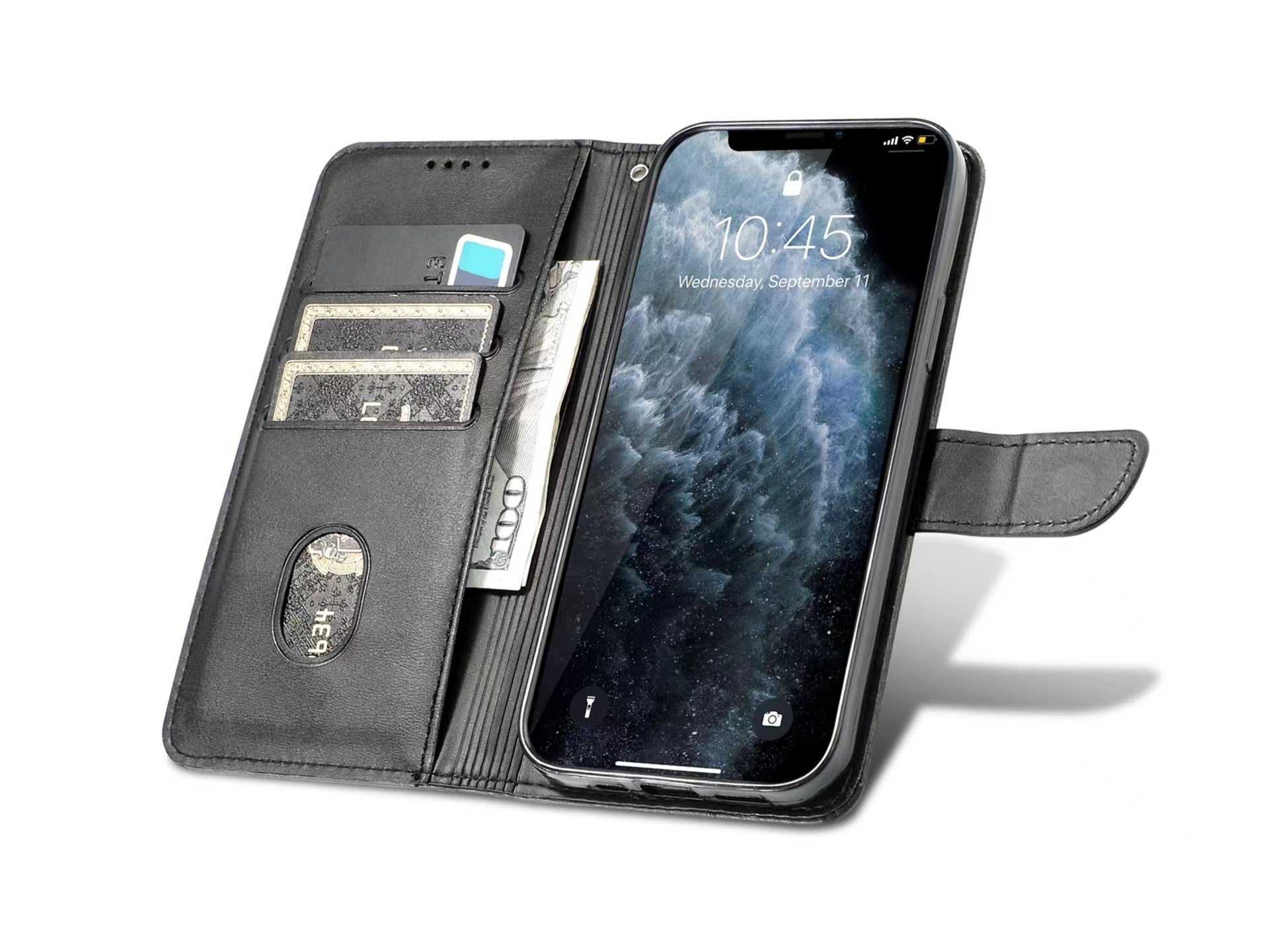 Capa flip em couro para telemóvel com 3 ranhuras para cartões, KX5600, função suporte e proteção contra quedas, compatível com iPhone 14 Pro, Preto