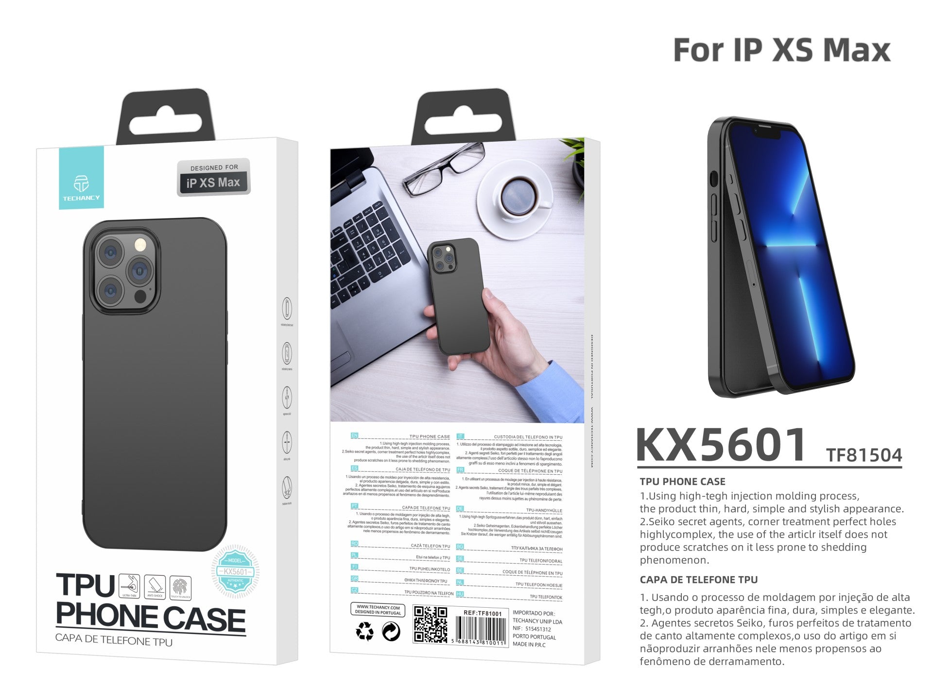 Capa para telemóvel Techancy New TPU Preto, KX5601, com proteção para a lente da câmara, compatível com iPhone Xs Max