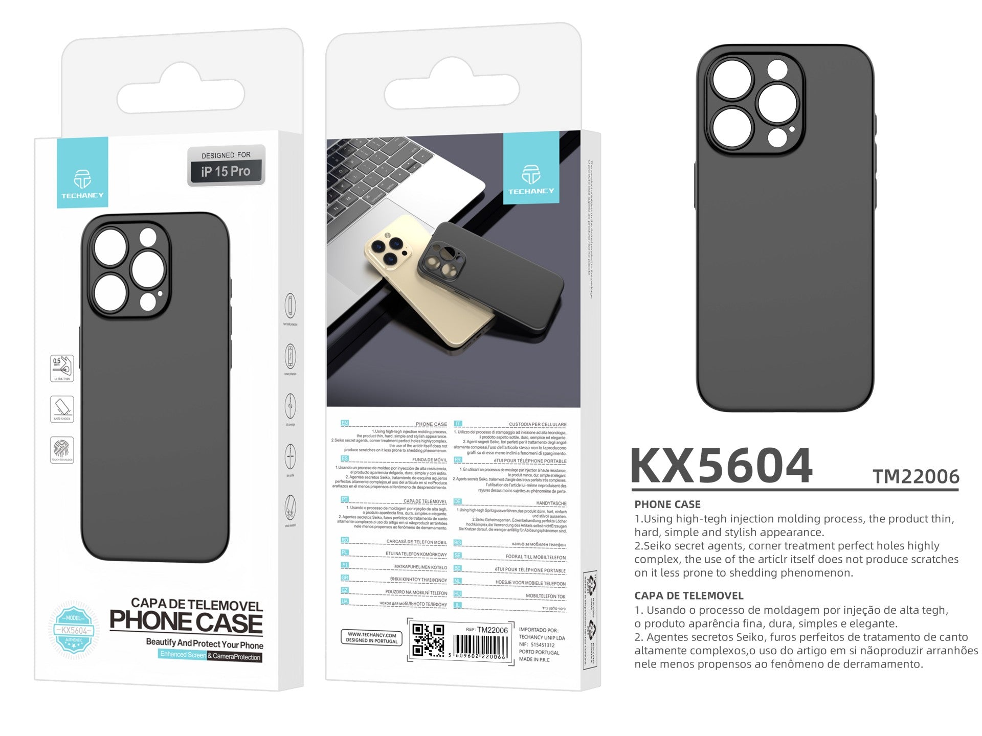 Techancy Capa Para Telemóvel Ultra Fina Preta KX5604, Compatível Com O Telemóvel Iphone 15 Pro, Material Pp De 0,5 Mm.