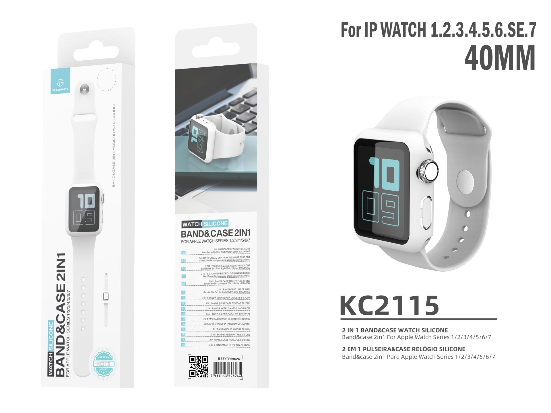 Pulseira de silicone para relógio Techancy, KC2115, com protetor de ecrã, compatível com Apple Watch 40 mm, Branco