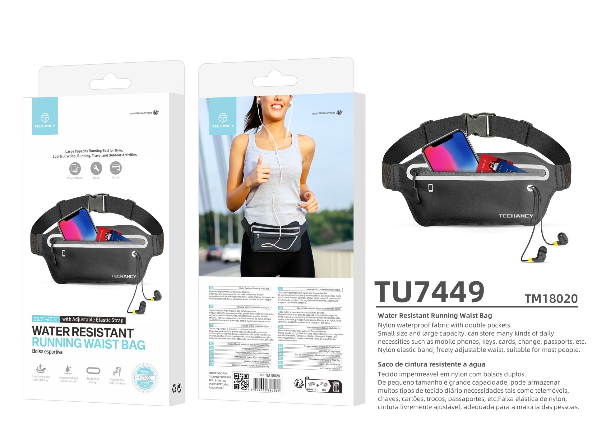 Techancy Sports Waist Pack TU7450, Cintura Elástica Ajustável, Bolsa Para Telemóvel De Grande Capacidade, Preto