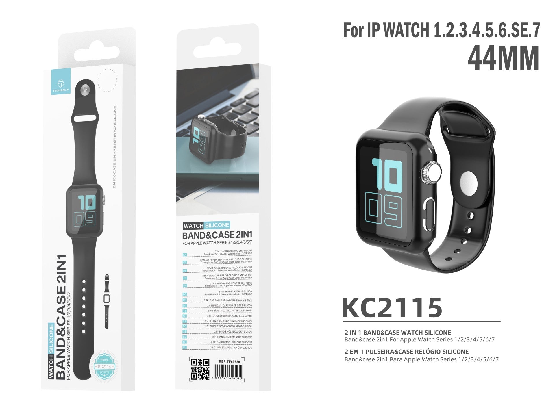 Pulseira de silicone para relógio Techancy, KC2115, com protetor de ecrã, compatível com Apple Watch 44 mm, Preto