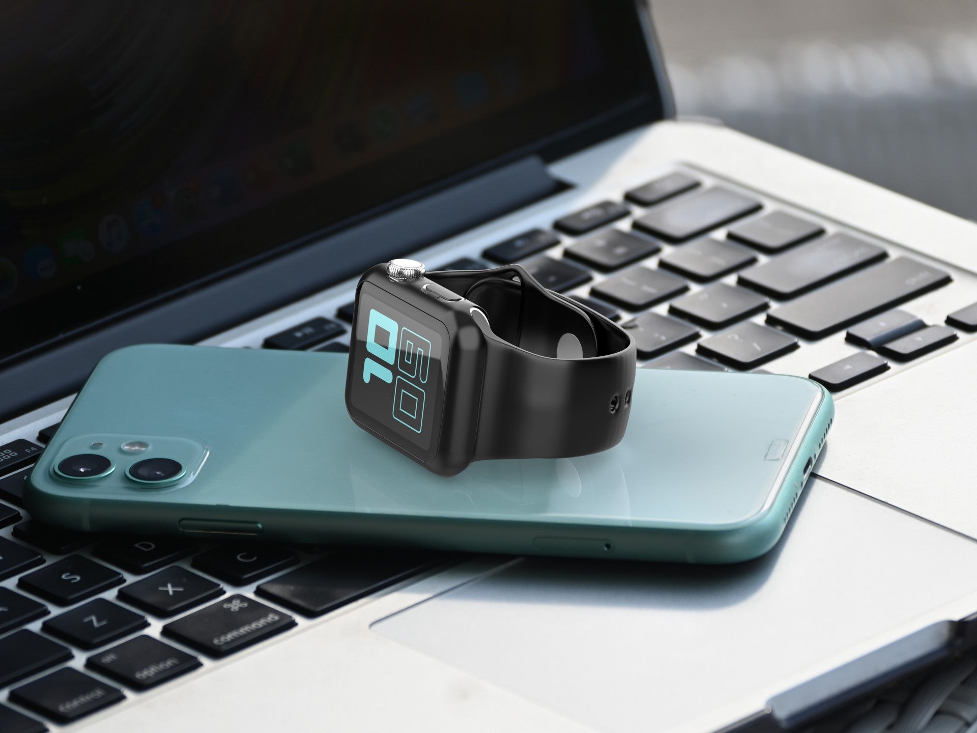 Pulseira de silicone para relógio Techancy, KC2115, com protetor de ecrã, compatível com Apple Watch 44 mm, Preto