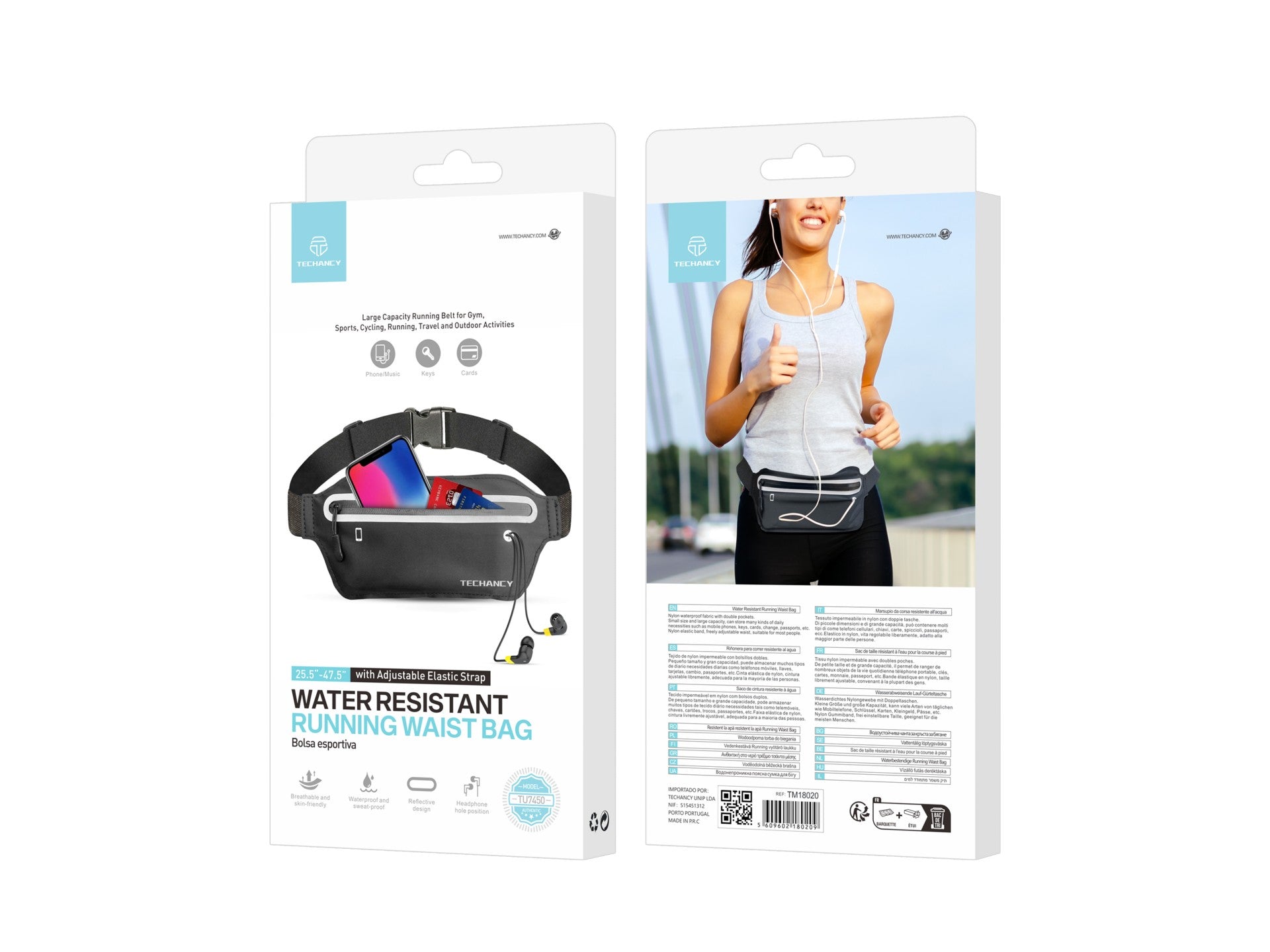 Techancy Sports Waist Pack TU7450, Cintura Elástica Ajustável, Bolsa Para Telemóvel De Grande Capacidade, Preto
