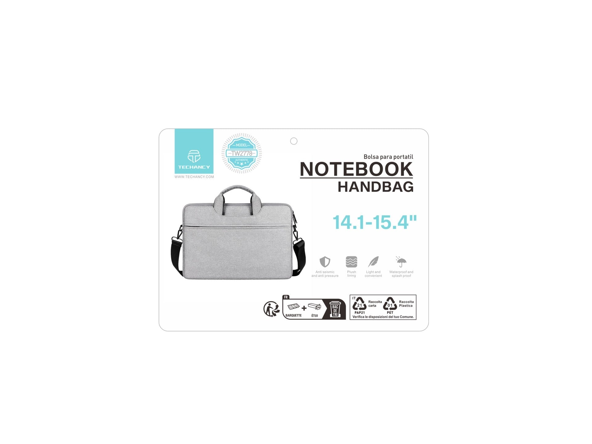 Mala para transportar computador portátil Techancy TW2778, cinzenta, 14,1/15,4 polegadas, alça ajustável para o ombro