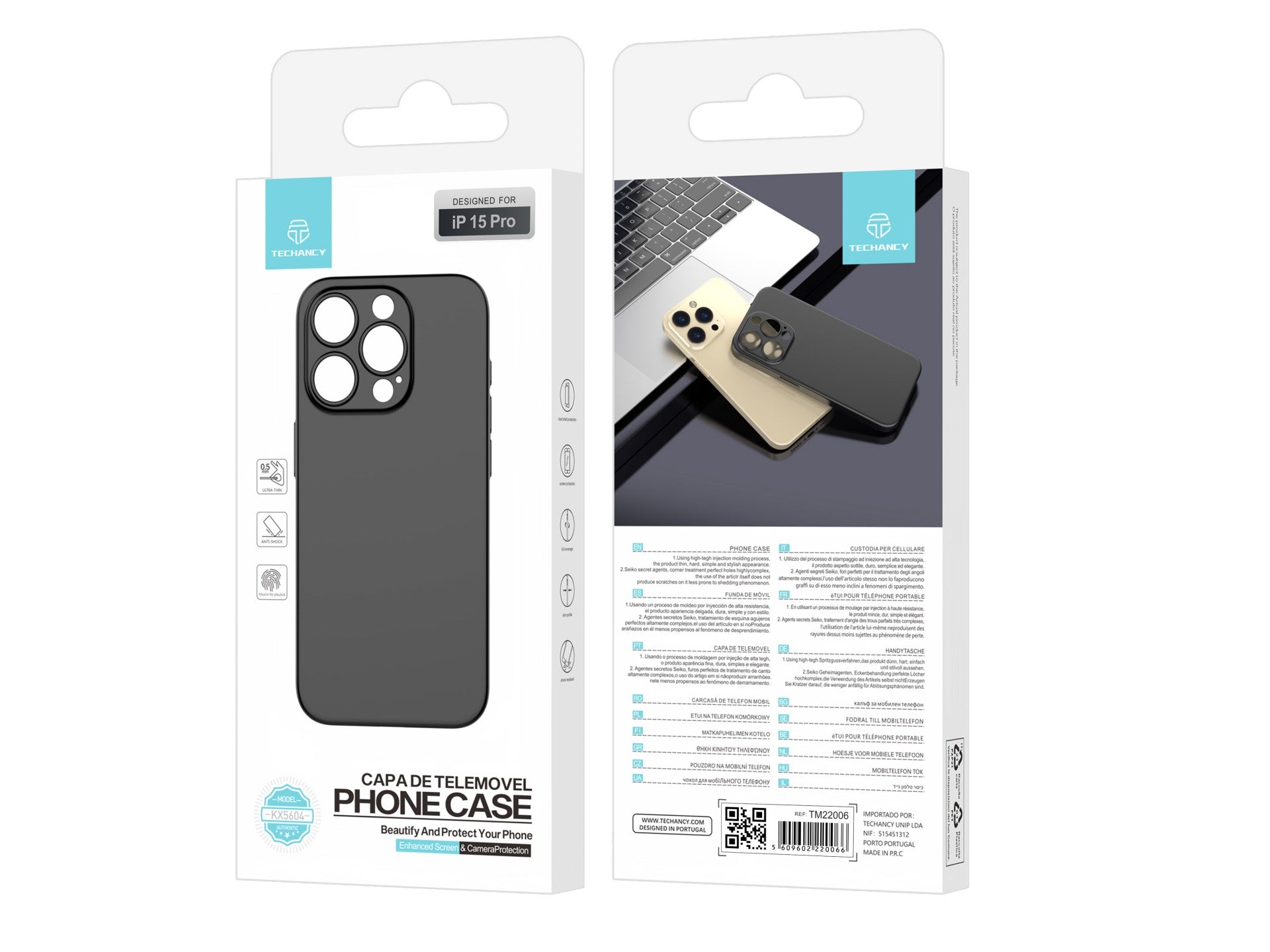 Techancy Capa Para Telemóvel Ultra Fina Preta KX5604, Compatível Com O Telemóvel Iphone 15 Pro, Material Pp De 0,5 Mm.