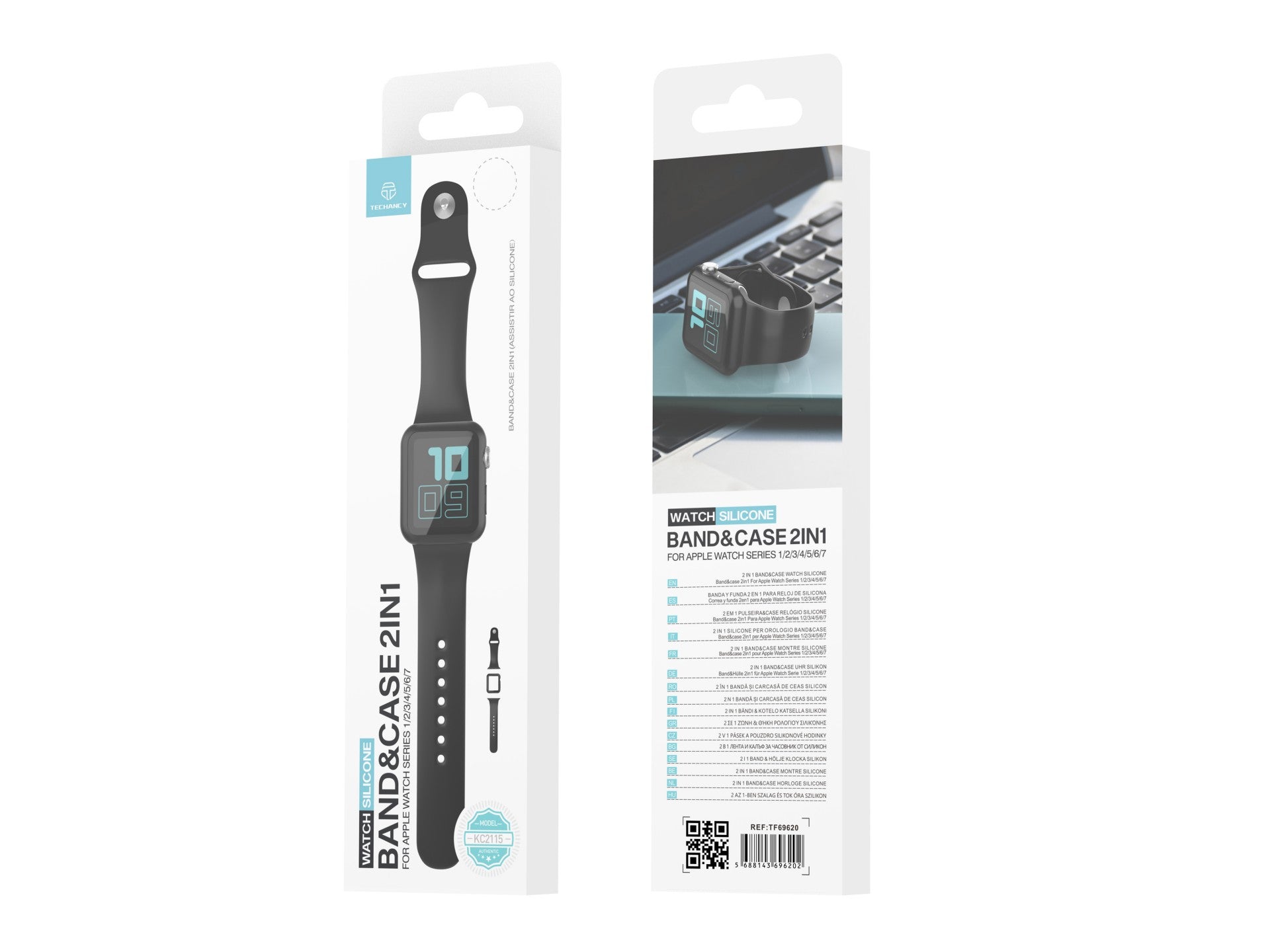 Pulseira de silicone para relógio Techancy, KC2115, com protetor de ecrã, compatível com Apple Watch 42 mm, Preto