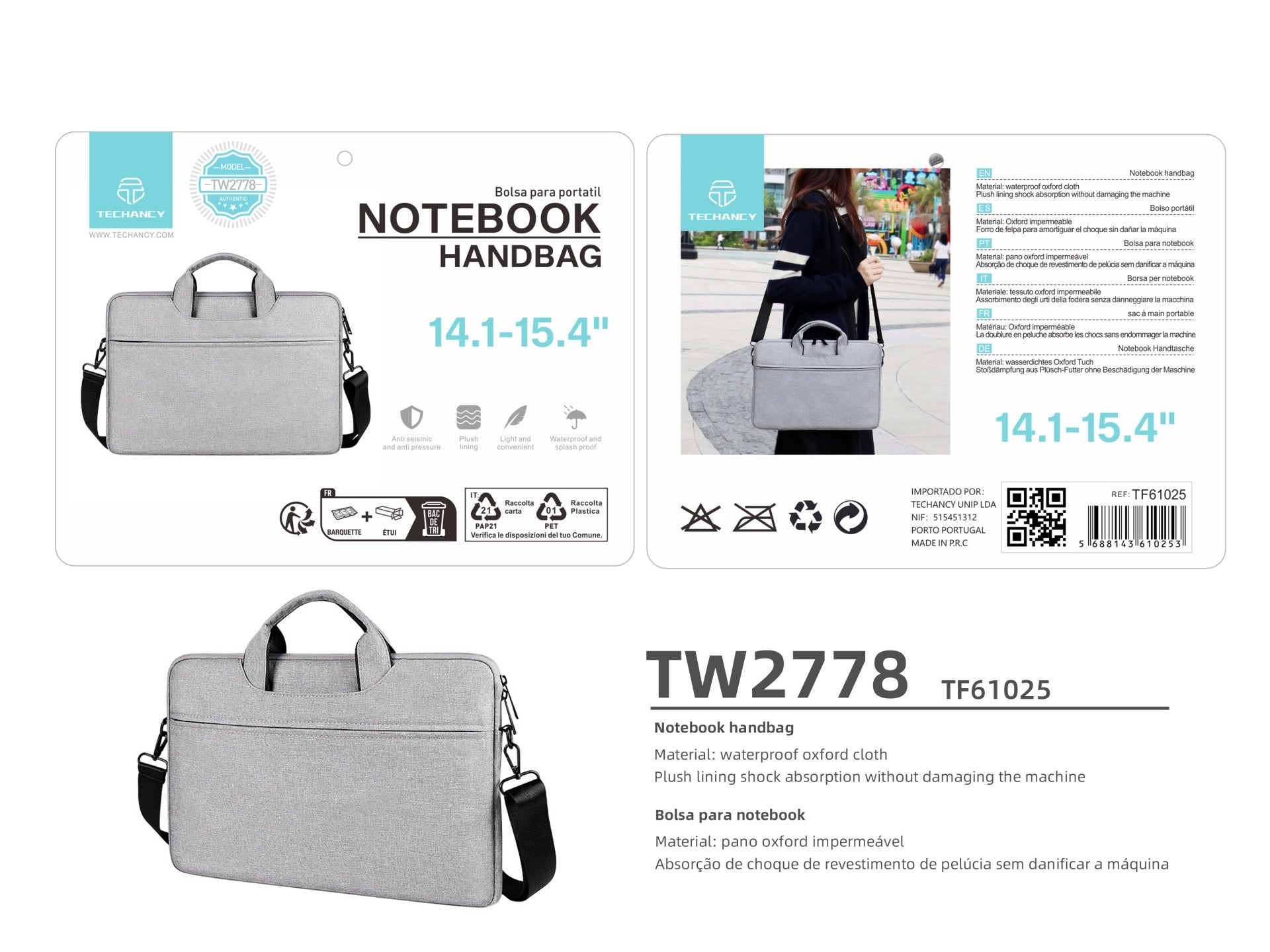 Mala para transportar computador portátil Techancy TW2778, cinzenta, 14,1/15,4 polegadas, alça ajustável para o ombro