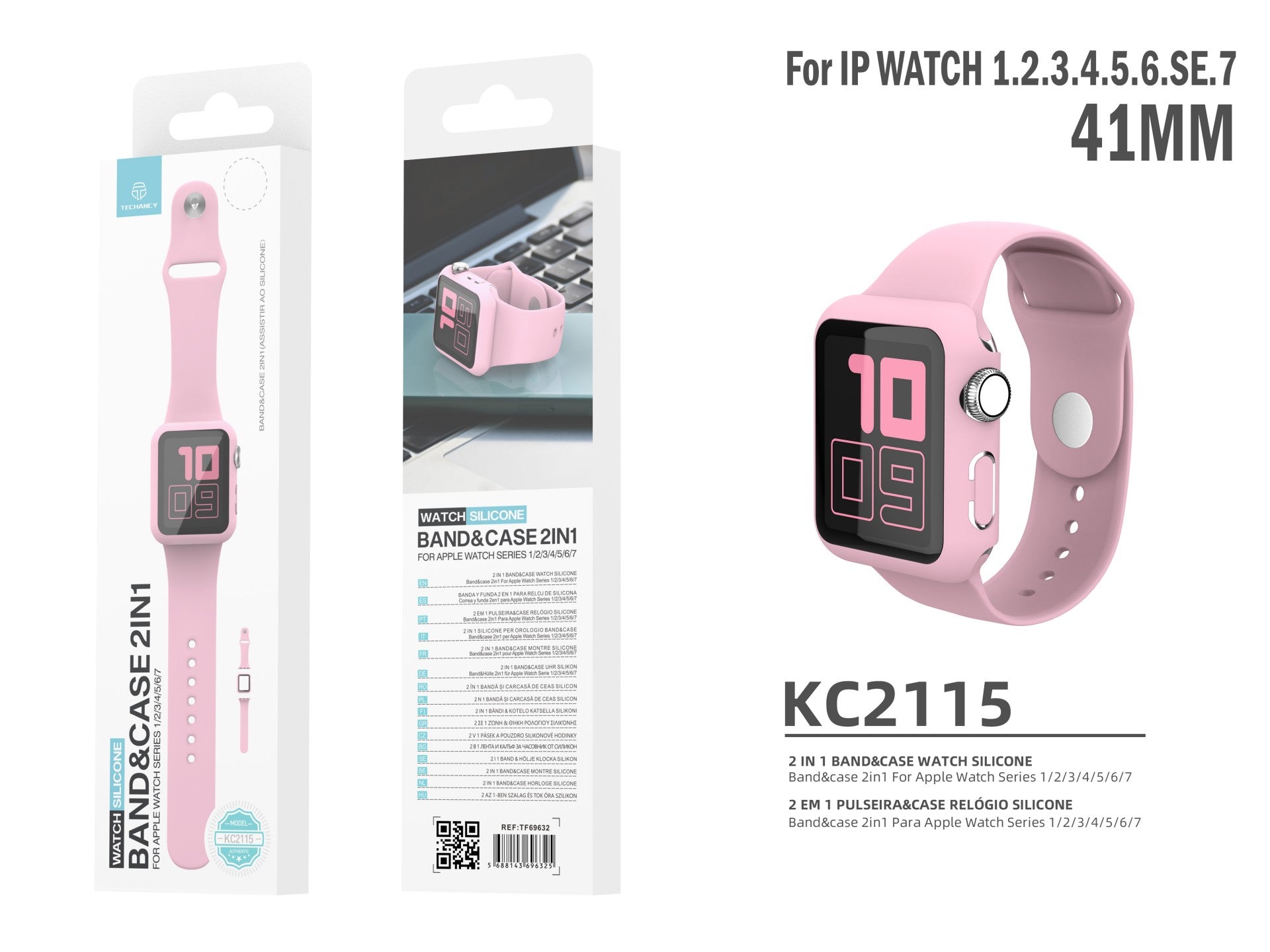 Pulseira de silicone para relógio Techancy, KC2115, com protetor de ecrã, compatível com Apple Watch 41 mm, rosa