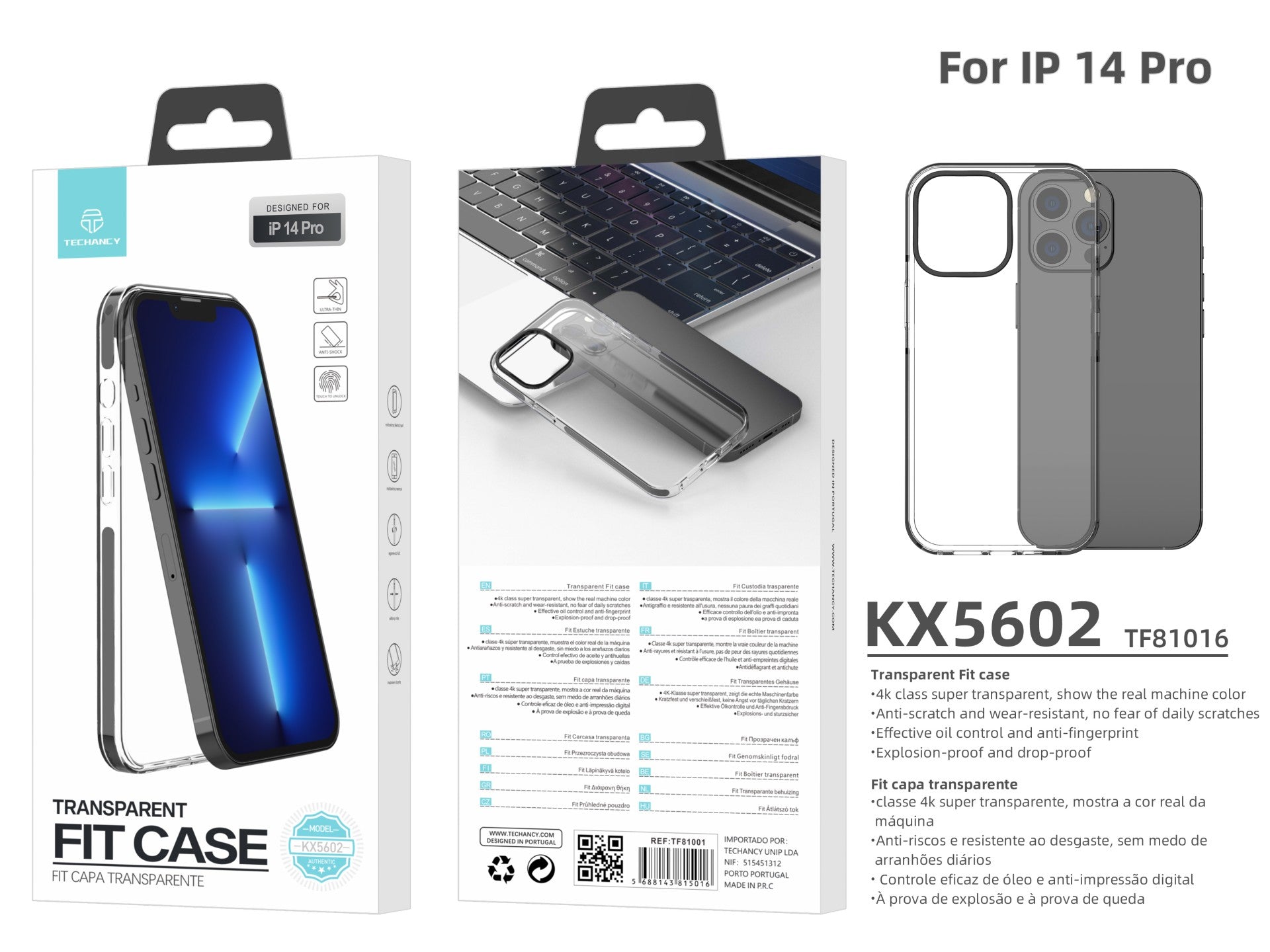 Capa transparente para telemóvel Techancy New Acrylic, KX5602, compatível com iPhone 14 Pro, transparente + Preto
