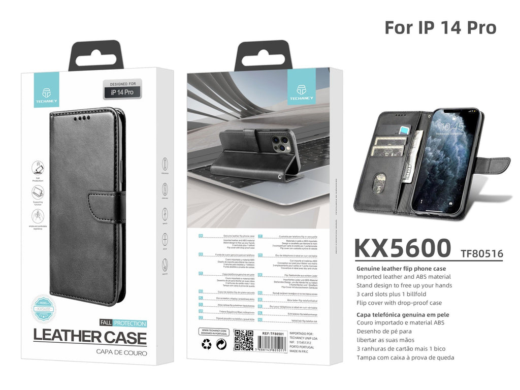 Capa flip em couro para telemóvel com 3 ranhuras para cartões, KX5600, função suporte e proteção contra quedas, compatível com iPhone 14 Pro, Preto