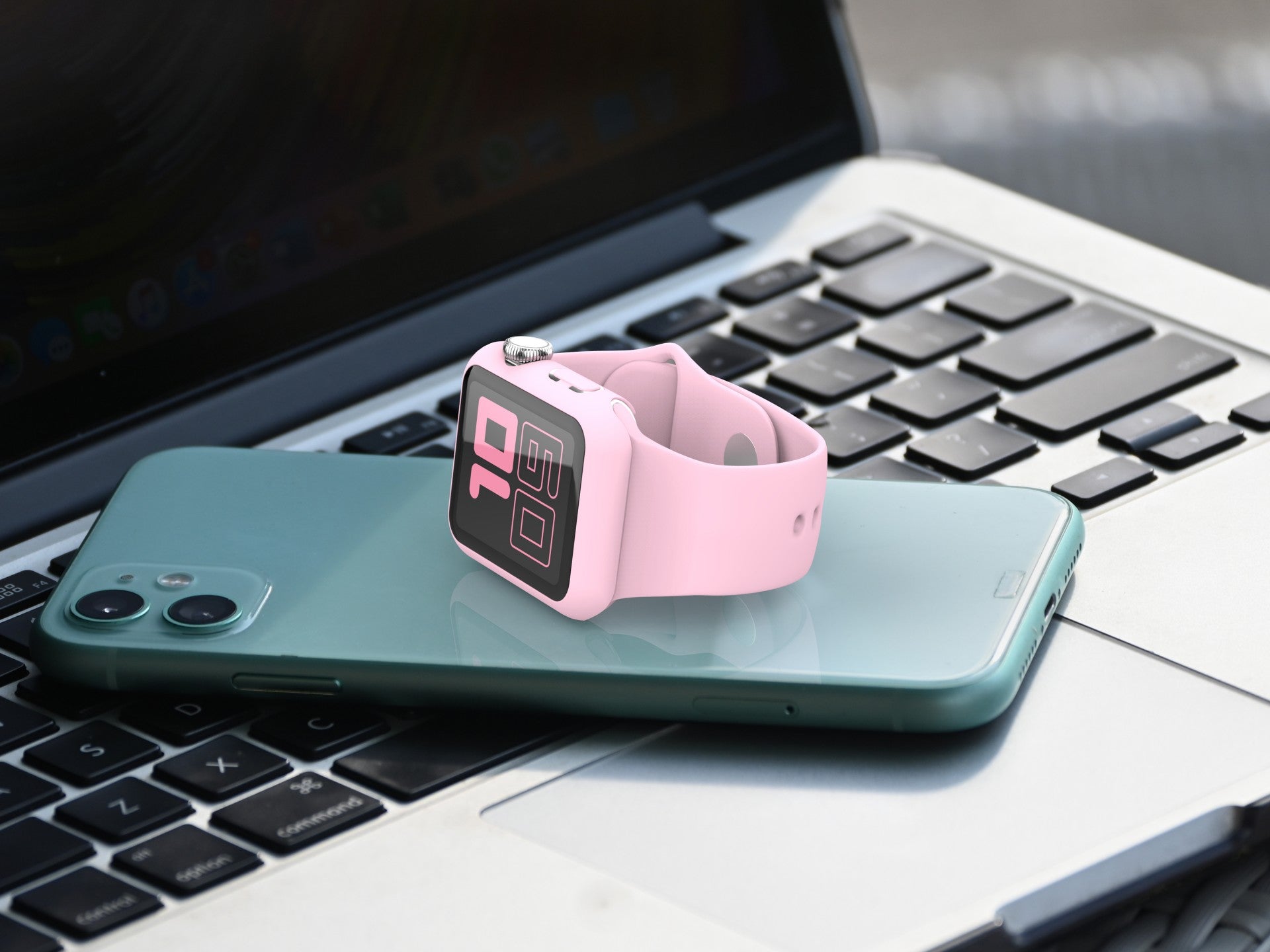 Pulseira de silicone para relógio Techancy, KC2115, com protetor de ecrã, compatível com Apple Watch 41 mm, rosa